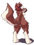  2012 3:4 5_fingers anthro blue_eyes butt canid digitigrade female fingers fur hair looking_at_viewer looking_back looking_back_at_viewer mammal naturally_censored nude red_body red_fur red_hair sakamata_orca simple_background smile solo standing white_background 