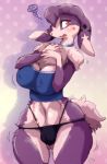  2019 anthro blush butt_from_the_front camel_toe choker countershading female fur hi_res jewelry lagomorph leporid mammal melonleaf navel necklace nipple_outline open_mouth purple_body purple_fur rabbit red_eyes simple_background solo star_marking surprise white_countershading wide_hips 