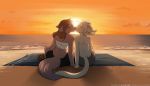  2020 anthro basitin beach brown_body brown_fur canid canine canis chest_wraps clothed clothing conditional_dnp digitigrade duo eyes_closed female fur hi_res keidran keith_keiser kissing male male/female mammal midriff natani outside pawpads rear_view sea seaside sitting sky sunset tan_body tan_fur text tom_fischbach topless twokinds url water webcomic wolf wraps 