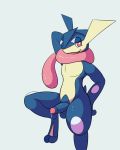  2020 anthro balls belly blue_body bodily_fluids dabelette erection front_view genital_fluids genitals greninja grey_background hand_behind_back hand_behind_head hi_res long_tongue looking_at_viewer male multicolored_body nintendo nude open_mouth penis pink_eyes pok&eacute;mon pok&eacute;mon_(species) precum raised_leg simple_background solo standing tan_body tongue tongue_out two_tone_body video_games 