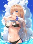  1girl bikini black_bikini blonde_hair blue_eyes blue_sky breasts cleavage cloud covering_mouth day groin highres large_breasts long_hair looking_at_viewer lotpi navel original outdoors shirt short_sleeves side-tie_bikini sky solo stomach string_bikini swimsuit undressing wading water wet white_shirt 