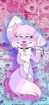  ahegao anthro blue_background blue_eyes blue_glow bodily_fluids canid canine canis collar collar_with_bell female fist flushed fox fur gradient_background hair hi_res looking_pleasured mammal open_mouth pink_body pink_fur pink_glow pink_hair purple_body purple_fur purple_glow purple_nose red_background riki_(rikiwolf) riki_wolf saliva simple_background star teeth text tongue tongue_out white_body white_fur wolf 