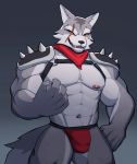  2020 abs anthro bandanna biceps bulge canid canine canis clothed clothing digital_media_(artwork) eyewear fur grey_body hi_res jrjresq male mammal muscular muscular_anthro muscular_male navel nintendo nipples open_mouth pecs red_eyes scar sharp_teeth simple_background skimpy smile solo spikes standing star_fox teeth underwear video_games wolf wolf_o&#039;donnell yellow_sclera 