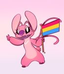  2020 alien angel_(lilo_and_stitch) antennae_(anatomy) better_version_at_source black_eyes claws disney experiment_(lilo_and_stitch) eyelashes fingers flag fur gesture hi_res holding_flag holding_object lgbt_pride lilo_and_stitch long_ears open_mouth open_smile pansexual_pride_colors pink_background pink_body pink_fur pink_inner_ear pride_colors purple_claws purple_nose sharp_teeth simple_background smile starryblast9 teeth toe_claws tongue v_sign 