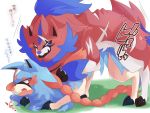  4:3 ambiguous_gender ambiguous_penetration blue_body blue_fur blush bodily_fluids canid canine claws duo fur hi_res japanese_text legendary_pok&eacute;mon mammal maruta nintendo penetration pok&eacute;mon pok&eacute;mon_(species) red_body red_fur sex simple_background sweat text translation_request video_games white_background zacian zamazenta 