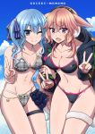  .live animal_ears beach blue_eyes blue_hair breasts cleavage collarbone commentary_request double_v highres hololive hoshimachi_suisei jacket large_breasts looking_at_viewer memekichi mokota_mememe navel one_eye_closed open_mouth pink_eyes pink_hair sheep_ears sky small_breasts swimsuit thick_eyebrows v virtual_youtuber 