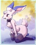  2019 anthro blue_border blush border bow_tie cheek_tuft chest_tuft clothing crotch_lines eyeshadow facial_tuft female fur grass hands_on_legs hi_res kneeling lagomorph legwear leporid makeup mammal melonleaf mostly_nude navel on_grass open_mouth pink_eyes pink_eyeshadow rabbit side_view simple_background small_waist smile solo stockings thick_thighs tuft white_body white_fur wide_hips 