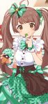  ahoge bangs blouse blunt_bangs bow brown_eyes brown_hair brown_skirt buttons commentary crossed_legs eyebrows_visible_through_hair food frilled_shirt_collar frills green_bow green_legwear green_ribbon green_scrunchie hair_bow hakozaki_serika highres holding holding_food ice_cream_cone idolmaster idolmaster_million_live! idolmaster_million_live!_theater_days inuyama_nanami leggings long_hair looking_at_viewer mouth_hold multicolored multicolored_clothes pointing pointing_up polka_dot ribbon scrunchie shirt_tucked_in sidelocks sitting skirt smile tile_floor tiles twintails white_blouse white_scrunchie wrist_scrunchie 