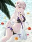  1girl adapted_costume bikini breasts cleavage closed_mouth fire_emblem fire_emblem:_three_houses flower hair_flower hair_ornament highres long_hair lysithea_von_ordelia pink_eyes solo swimsuit uni_(uni9248) water white_hair 