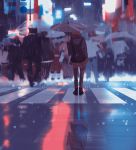  backpack bag black_backpack blurry brown_hair city commentary crosswalk crowd grey_umbrella highres light original rain snatti standing thighhighs umbrella urban water 