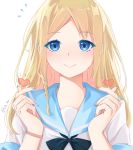  1girl blonde_hair blue_eyes cricriz fingernails flying_sweatdrops hands_up hayasaka_ai haysaca_a._smithee heart highres kaguya-sama_wa_kokurasetai_~tensai-tachi_no_renai_zunousen~ long_hair looking_at_viewer low_braid nail_polish parted_hair pink_nails school_uniform serafuku single_braided_lock smile solo twitter_username upper_body watch wristwatch 