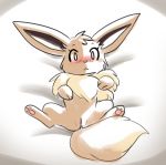  2020 3_toes blush brown_body brown_fur eevee female feral fluffy fluffy_tail fur genitals looking_at_viewer lying neck_tuft nintendo on_back pawpads paws pok&eacute;mon pok&eacute;mon_(species) pussy quadruped rainypaws simple_background solo toes tuft video_games 