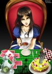  1girl alice:_madness_returns alice_(wonderland) american_mcgee&#039;s_alice apron black_hair dress green_eyes highres jewelry long_hair looking_at_viewer necklace nib_pen_(medium) sayakajou solo traditional_media 