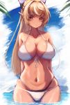 :o absurdres alternate_costume bare_shoulders bikini blonde_hair breasts cleavage collarbone dark_skin elf groin highres hololive inre_kemomimi long_hair long_ponytail navel open_mouth partially_submerged pointy_ears red_eyes shiranui_flare swimsuit virtual_youtuber water white_bikini 