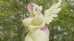  16:9 3d_(artwork) anthro big_breasts blender_(software) breasts butt cutie_mark digital_media_(artwork) equid equine feathered_wings feathers female fluttershy_(mlp) friendship_is_magic fur genitals hair hasbro hi_res huge_breasts mammal my_little_pony nipples nude pegasus pink_hair simple_background smile solo twintailssfm widescreen wings yellow_body yellow_feathers 