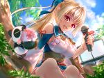  1girl absurdres bare_shoulders blonde_hair blue_sky breasts cleavage_cutout computer dark_skin elf highres holding holding_microphone hololive kintsuba_(flare_channel) laptop long_hair long_ponytail looking_at_viewer microphone open_mouth outdoors pointy_ears shigemu_room shiranui_flare sky upper_teeth virtual_youtuber 