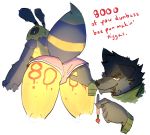  2020 anthro arthropod bee brush butt canid canine canis duo english_text female goon_(goonie_san) goonie-san hand_in_pants hand_on_butt hi_res hymenopteran insect looking_back male male/female mammal markings mercy_(goonie-san) milestone paint paintbrush profanity simple_background smile smiling_at_viewer text tongue tongue_out white_background wide_hips wolf writing_on_body 