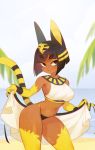  2020 animal_crossing animal_humanoid ankha_(animal_crossing) anthro beach big_breasts breasts brown_eyes cat_humanoid clothed clothing digital_media_(artwork) domestic_cat egyptian felid felid_humanoid feline feline_humanoid felis female fur hair half-closed_eyes hanaface hi_res humanoid mammal mammal_humanoid narrowed_eyes nintendo outside seaside smile solo uraeus video_games yellow_body 