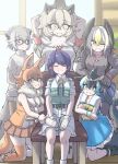  6+girls ^_^ animal_ears arm_support arms_behind_head arms_up bald_eagle_(kemono_friends) bangs bare_arms bare_legs bare_shoulders behind_another belt black_hair blonde_hair blue_eyes blue_hair breast_pocket brown_hair buttons captain_(kemono_friends) cargo_shorts chair closed_eyes closed_mouth commentary_request common_dolphin_(kemono_friends) day dhole_(kemono_friends) dog_ears dog_girl dog_tail dolphin_tail dorsal_fin dress eyebrows_visible_through_hair eyes_visible_through_hair facing_viewer fangs fangs_out feet_out_of_frame fins frilled_dress frills fur_scarf glasses gloves gm_(ggommu) grey_eyes grey_hair hair_between_eyes hands_together head_fins head_wings height_difference highres indoors jacket kemono_friends kemono_friends_3 kneeling leaning_forward leaning_on_object lion_(kemono_friends) lion_ears long_sleeves looking_at_viewer medium_dress medium_hair meerkat_(kemono_friends) meerkat_ears meerkat_tail miniskirt multicolored_hair multiple_girls necktie one_eye_closed open_mouth pantyhose plaid plaid_neckwear plaid_sleeves pocket purple_hair sailor_collar scarf shirt short_hair short_sleeves shorts sidelocks sitting skirt sleeveless sleeveless_dress sleeveless_shirt smile standing sweater swept_bangs tail tail_fin thighhighs two-tone_hair white_hair window wooden_floor yellow_eyes zettai_ryouiki 
