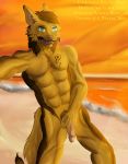  absurd_res beach canid canine canis ear_piercing ear_ring felid genitals hi_res holding_penis hybrid lion male mammal muscular muscular_male pantherine penis piercing seaside selfie solo suggestive sunset teeth water wolf wolves_moon 