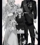  2boys 3girls ahoge aiguillette animal_ear_fluff animal_ears arknights baby bead_necklace beads belt cliffheart_(arknights) closed_mouth cowboy_shot cravat dress formal greyscale hair_between_eyes head_out_of_frame holding_baby jewelry leopard_ears leopard_tail long_hair long_sleeves looking_at_viewer medal military military_uniform monochrome multiple_boys multiple_girls necklace pants pillarboxed pramanix_(arknights) shirt short_hair silverash_(arknights) smile spotted_fur suit tail tobi0728 uniform vest younger 
