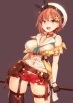 1girl :d atelier_(series) atelier_ryza atelier_ryza_2 belt black_gloves blush braid breasts brown_eyes brown_hair choker cleavage fang gloves hair_ornament hairclip hat highres jewelry key large_breasts looking_at_viewer navel necklace open_mouth red_shorts reisalin_stout ricegnat short_hair short_shorts shorts single_braid single_thighhigh skindentation smile solo thigh_strap thighhighs thighs white_headwear 