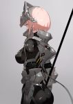  1girl armor ass bangs black_bodysuit bodysuit breasts commentary_request eyebrows_behind_hair falslander from_behind gauntlets gorget grey_background headgear holding holding_lance holding_polearm holding_weapon iris_(neco) lance lanze_reiter_(neco) large_breasts looking_at_viewer neco original pink_eyes pink_hair polearm short_hair short_hair_with_long_locks sidelocks simple_background solo standing upper_body visor_(armor) visor_lift weapon 