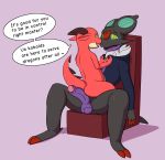  2020 ambiguous_gender anthro balls black_body bottomless chair claws clothed clothing dabelette dabelette_(character) dialogue duo english_text erection fan_character furniture genitals hand_on_chest hi_res hoodie horn hypnosis kobold male male/ambiguous male_(lore) mind_control multicolored_body nintendo noivern nude on_lap on_top open_mouth penis pink_background pok&eacute;mon pok&eacute;mon_(species) power_bottom purple_body red_body ringed_eyes simple_background sitting sitting_on_lap size_difference speech_bubble text tongue topwear two_tone_body video_games 