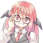  1girl adjusting_eyewear arnest bat_wings bespectacled black_vest commentary glasses glasses_day grin hand_up head_wings koakuma long_hair looking_at_viewer necktie red-framed_eyewear red_eyes red_hair red_neckwear shirt simple_background smile solo touhou upper_body vest white_background white_shirt wings 