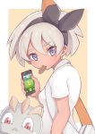  1girl alternate_costume bag bangs black_hairband breasts cellphone collared_shirt eyelashes fingernails food_in_mouth gen_1_pokemon gen_3_pokemon grey_eyes grey_hair hair_between_eyes hairband highres holding holding_phone machop makuhita mouth_hold phone poke_ball pokemon pokemon_(creature) pokemon_(game) pokemon_go pokemon_swsh saitou_(pokemon) shirt short_hair short_sleeves shoulder_bag two-tone_background ultra_ball white_shirt zeolch 