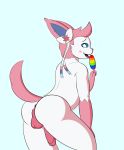  2020 accessory anthro anus backsack balls blue_background blue_sclera blush butt dabelette eeveelution erection fan_character food fur genitals girly hair_accessory hair_bow hair_ribbon hand_on_leg hi_res humanoid_genitalia lgbt_pride licking licking_popsicle looking_at_viewer looking_back male multicolored_body multicolored_fur nintendo nude open_mouth penis pink_body pink_fur pok&eacute;mon pok&eacute;mon_(species) popsicle presenting presenting_hindquarters pride_colors rainbow_popsicle raised_tail rear_view ribbons simple_background solo sylveon tag_(brahkest) tongue tongue_out two_tone_body two_tone_fur video_games white_body white_eyes white_fur 