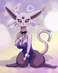  2019 anthro black_nose blush bow_tie bunny_costume clothing costume cute_fangs eeveelution espeon female fishnet fishnet_legwear hi_res legwear leotard looking_at_viewer melonleaf nintendo open_mouth pok&eacute;mon pok&eacute;mon_(species) purple_body purple_eyes simple_background sitting solo video_games 