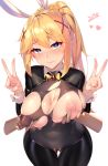  1girl absurdres animal_ears black_legwear blonde_hair blue_eyes bodysuit bow bowtie breasts bunny_ears covered_navel darkness_(konosuba) disembodied_limb double_v groping hair_between_eyes hair_ornament heart heart-shaped_pupils highres kono_subarashii_sekai_ni_shukufuku_wo! large_breasts long_hair looking_at_viewer looking_back meme_attire nipples ponytail reverse_bunnysuit reverse_outfit sgt-jz simple_background skin_tight solo symbol-shaped_pupils torn_clothes v white_background wrist_cuffs x_hair_ornament 