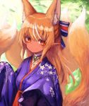  1girl absurdres animal_ear_fluff animal_ears commentary dark_skin extra_ears floral_print fox_ears fox_girl hair_ornament highres hololive inre_kemomimi japanese_clothes multiple_tails orange_eyes pointy_ears shiranui_flare signature solo tail virtual_youtuber 