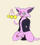  2020 alternate_species anal anal_penetration anthro balls bodily_fluids bottomless clothed clothing cute_fangs dabelette dabelette_(character) dildo dildo_sitting ear_piercing ear_ring eeveelution erection espeon eyewear front_view fur genital_fluids genitals girly glasses hi_res humanoid_genitalia humanoid_penis hypnosis kneeling looking_pleasured male mind_control nintendo pendulum penetration penis piercing pok&eacute;mon pok&eacute;mon_(species) precum purple_body purple_fur ringed_eyes self_hypnosis sex_toy simple_background solo sweater tan_background tongue tongue_out topwear video_games 