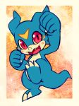  2016 5_fingers ambiguous_gender blue_body blush claws digimon digimon_(species) extyrannomon_(artist) fangs fingers markings open_mouth red_eyes semi-anthro teetb toe_claws tongue veemon white_body yellow_markings 