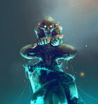  1boy absurdres animal creature fish glowing glowing_eyes gollum gradient gradient_background highres holding holding_animal holding_fish kalmahul legendarium looking_at_viewer male_focus messy_hair open_mouth pointy_ears rock short_hair solo squatting the_hobbit the_one_ring 