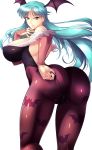  1girl absurdres animal_print aqua_hair ass bare_shoulders bat_print breasts bridal_gauntlets commentary_request demon_girl green_eyes haganef head_wings highres huge_breasts long_hair looking_at_viewer looking_back morrigan_aensland pantyhose simple_background solo succubus vampire_(game) very_long_hair white_background 