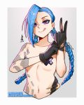 1girl absurdres aurahack bandaid bandaids_on_nipples black_gloves blue_hair braid bullet commentary english_commentary flat_chest glove_pull gloves heart highres jinx_(league_of_legends) league_of_legends licking_lips long_braid looking_at_viewer naughty_face navel nude pasties purple_eyes revision solo spoken_heart tattoo tongue tongue_out twin_braids v 