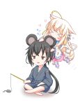  &gt;_&lt; 1boy 1girl :3 ahoge angel_wings animal_ear_fluff animal_ears barefoot biting black_hair black_kimono blonde_hair blush capelet cat_ears cat_girl cat_tail chibi closed_eyes closed_mouth ear_biting frilled_capelet frills grey_eyes heart heart_tail highres holding japanese_clothes kimono leg_warmers long_hair long_sleeves mafu_makura mouse_ears multicolored_hair original pink_shorts shorts streaked_hair tail very_long_hair white_capelet wings 