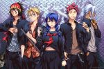  1girl 4boys baseball_bat blue_hair braid candy chain colorized delinquent food hayama_akira highres kurokiba_ryou lollipop long_sleeves multiple_boys navel open_clothes pants red_hair rikusempai saeki_shun sailor_collar school_uniform shokugeki_no_souma skirt stomach tadokoro_megumi takumi_aldini twin_braids yellow_eyes yukihira_souma 