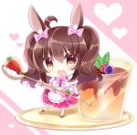  1girl ahoge animal_ears apron bangs black_footwear bow breasts brown_eyes brown_hair bunny_ears chibi commentary_request eyebrows_visible_through_hair food frilled_apron frills fruit full_body hair_between_eyes hair_bow heart highres holding holding_spoon kneehighs minigirl original pink_background pink_bow pudding puffy_short_sleeves puffy_sleeves purple_skirt shikito shirt shoes short_sleeves skirt small_breasts solo sparkle spoon standing standing_on_one_leg strawberry two-tone_background two_side_up waist_apron white_apron white_background white_legwear white_shirt 