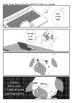  2020 4koma 5_fingers aggressive_retsuko anthro black_nose blush bodily_fluids closed_smile clothed clothing comic computer digital_media_(artwork) dress_shirt english_text fingers fur furniture greyscale haida happy hi_res hyaenid inside kemono laptop looking_away male mammal manga monochrome multicolored_body multicolored_fur necktie pattern_background sanrio screentone shirt simple_background sitting solo spotted_hyena sweat sweatdrop table tapirclip text thought_bubble topwear two_tone_body two_tone_fur underbite 