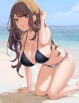  1girl all_fours banned_artist bare_arms bare_shoulders beach bikini black_bikini black_eyes breasts brown_hair chestnut_mouth cleavage collarbone day earrings groin halterneck hand_up highres horizon ikomochi jewelry large_breasts long_hair looking_at_viewer mismatched_bikini navel ocean original outdoors parted_lips shadow side-tie_bikini sidelocks solo stomach string_bikini stud_earrings sunlight swimsuit thighs water wet 