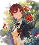  1boy bangs black_gloves blue_eyes flower gloves gyuunyuu_(mashika) hair_between_eyes highres jacket long_sleeves male_focus red_hair riddle_rosehearts rose shirt short_hair smile solo twisted_wonderland 