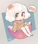  1girl bare_legs barefoot borrowed_character character_name crack dripping egg egg_(lemyawn) eyebrows_visible_through_hair full_body long_sleeves medium_hair open_mouth orange_eyes orange_sweater original shell sitting smile solo specterwhite speech_bubble sunny_side_up_egg sweater watermark web_address white_hair 