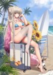  1girl ahoge animal animal_print arm_support ass azur_lane bare_arms bare_shoulders beach bikini blue_bikini blue_sky braid braided_bun breasts cat cleavage cloud day double_bun feathered_wings feet flower formidable_(azur_lane) formidable_(the_lady_of_the_beach)_(azur_lane) hair_rings hand_up haneru highres innertube knee_up large_breasts long_hair looking_at_viewer luggage manjuu_(azur_lane) multi-strapped_bikini outdoors palm_tree plant single_thighhigh sitting sky solo sunflower surfboard swimsuit thighhighs thighs toeless_legwear tree twin_braids very_long_hair water white_legwear wings 