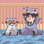  1:1 2020 animal_humanoid arai-san bedding biped blanket clothed clothing detailed_background duo feral fur grey_body grey_fur humanoid humanoid_hands kemono_friends mammal mammal_humanoid procyonid procyonid_humanoid raccoon raccoon_humanoid text umikazenet3 
