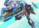  aqua_eyes close-up earthree_gundam funnels gun gundam gundam_build_divers gundam_build_divers_re:rise highres holding holding_gun holding_weapon looking_at_viewer looking_to_the_side mecha no_humans open_hand seto_(atsushi533822) uraven_gundam v-fin weapon 