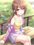  1girl bangs bare_legs bench breasts brown_eyes brown_hair bush cleavage crossed_legs day hair_ornament jacket looking_at_viewer low_twintails midriff navel open_mouth original outdoors park_bench pink_jacket pleated_skirt purple_skirt railing sitting skirt small_breasts stairs tank_top thighs twintails wasami_(a27678193a) yellow_tank_top 